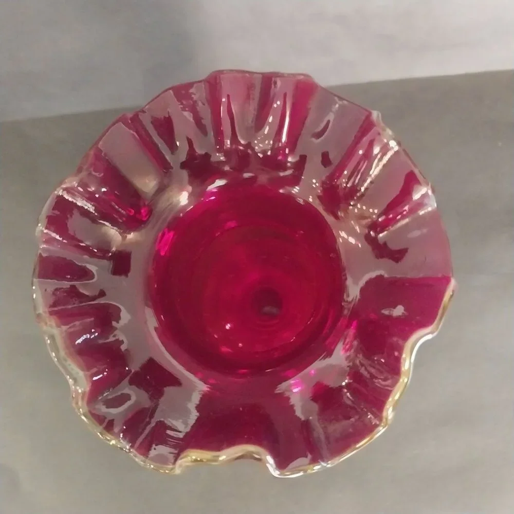 Ruby Red Amberina Glass Vase GLOWS Antique Vintage Ruffled Top